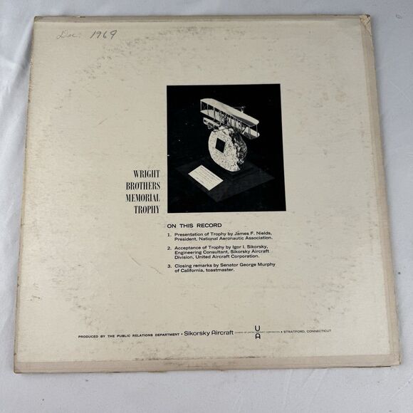 Igor Sikorsky Wright Brothers Memorial Vinyl Record LP  1967 20th Annual Dinner - Picture 2 of 8